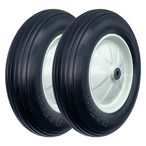 Image of MerryYard Pack of 2 1.9 /4-8 inch Flat Tyre on Wheel, 16 inch Universal Wheelbarrow Tyre, 3 inch Center Hub with 3 /4 inch Bearing, Steel Rim, Ribbed Tread, Wheelbarrow
