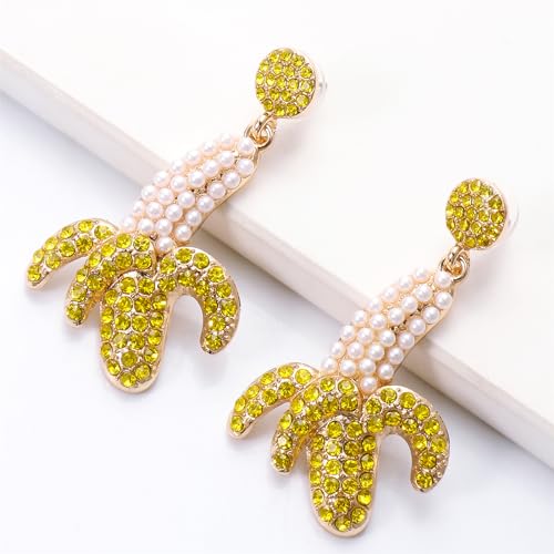 Banana Fruit Pearl Earrings Gold Plated Funny Yellow Bananas Summer Tropical Fruits Sparkly Colorful Rhinestone Cubic Zirconia Beaded Dangle Drop Earrings for Beach Holiday Birthday Party Jewelry Gifts4