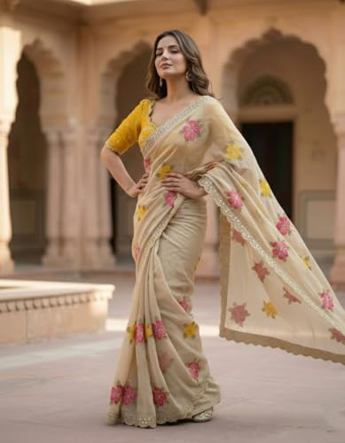 Image of Yashika Women's Nylon Organza Saree with Blouse Piece for Traditional Ethnic Wear Sari
