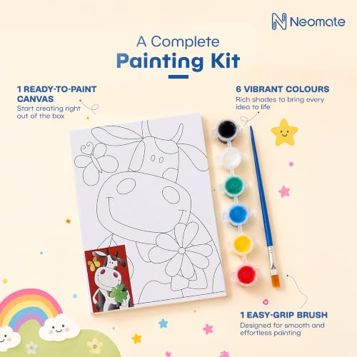 Image of Neomate Canvas Painting Kit for Kids | DIY Painting Set with 1 Printed Canvas, 6 Acrylic Paint Pots & Brush | Art and Craft Kit, Paint Kit for Kids, Birthday Gift, Return Gift, Creative Activity Set