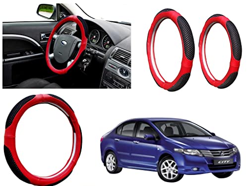 Image of Microfiber Car Steering Wheel Cover, Soft Padding Great Hand Feel, Anti-Slip, Faux Leather Steering Cover for Honda City Ivtech | Black Red Jali - Pack of 1