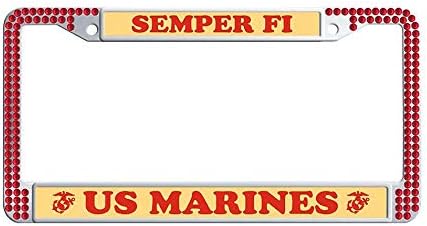 Nuoyizo Red Sparkle Rhinestones Semper FI U. S. Marines License Frame tag Vanity Sparkle Rhinestones Metal Waterproof Stainless Steel License Frame tag