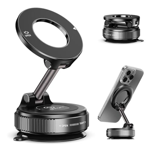 Image of pTron Dockit 360 Magnetic Car Mobile Holder, Strong Vacuum Suction, Universal Car Mount for Dashboard, Gym, Mirror, Compact, Foldable, Rotatable Mobile Stand Compatible with All Smartphones (Black)