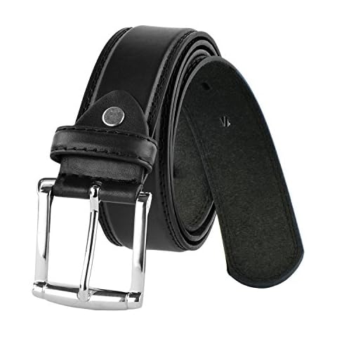 Moda Di Raza - Men's Classic Leather Belt - 1.5 Inch Width - Square Silver Polished Belt Buckle - Formal or Casual Dress Belt - PU Bonded Leather - Black 43-47 inches Cover