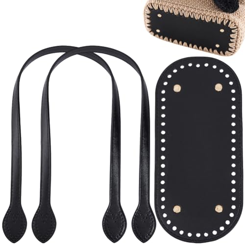 Beebeecraft 2 asa de Cuero Sintético para Bolso con 1 Bases Ovaladas de Cuero Sintético para Tejer A Ganchillo Ideales para Pajitas Bolsos de Playa Bolsos de Lona Y Macramé (Negro)