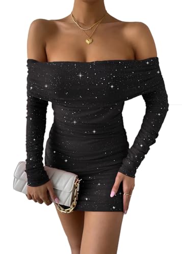 Joyfunear Women's Sexy Sparkly Glitter Off The Shoulder Long Sleeve Bodycon Ruched Cocktail Party Outfit Mini Dress Medium Black