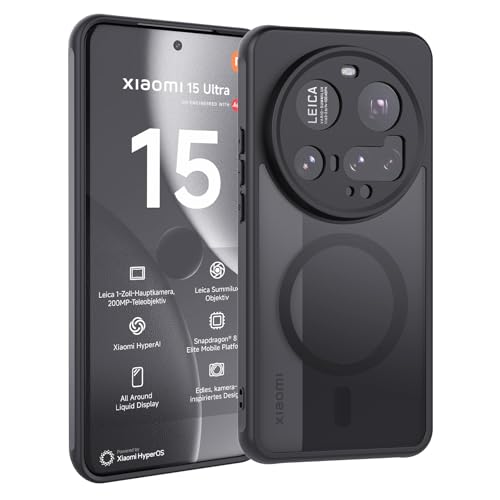 Vanrain Magnetisch Hülle für Xiaomi Mi 15 Ultra Kompatibel mit MagSafe Magnetisch Schutzhülle Stoßfest Kratzfest Matt Transluzente Rückseite Handyhülle Schwarz