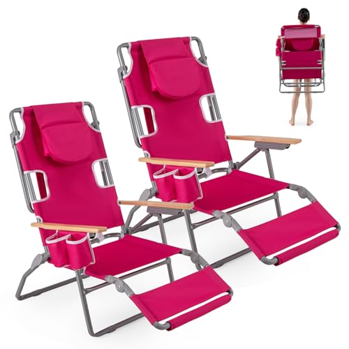 Goplus 3-in-1 Foldable Beach Chair, Lay-Flat Tanning Chair with Face and Arm Holes, Footrest, 330 lbs Heavy-Duty Portable Reclining Lounge Chairs for Outside, Camping, Patio, Poolside, Lawn (2,Red)