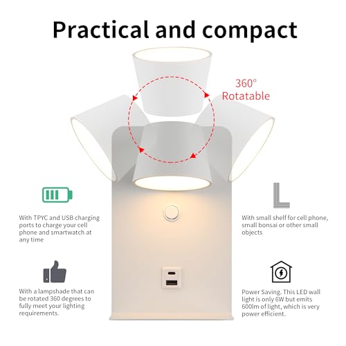 Image of DEC LUCE DECOLUCE LIGHTING Modern LED Plug in Wall Sconce, Dimmable Wireless Wall Light Fixtures with Shelf and USB Port, 6W,600LM, Rotatable Small Reading Wall Lamp for Bedroom Bedside, White