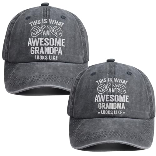 Image of 2PCS Grandpa and Grandma Hats for Men Women, Adjustable Wash Cotton Embroidered Funny Grandparents Baseball Cap