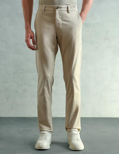 Image of Arrow Sport Men Slim fit Cotton SolidMid Rise waistTrousers