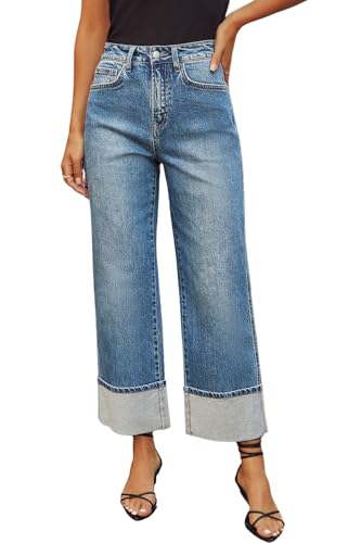 yoeasy Womens High Waisted Straight Leg Cuffed Jeans Casual Stretchy Vintage Boyfriend Denim Pants with Pockets