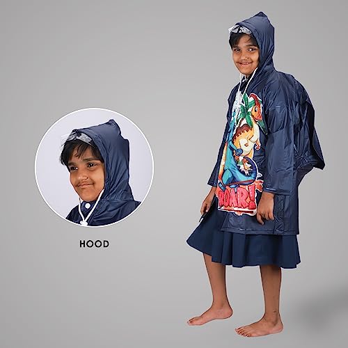 Image of THE CLOWNFISH Toon Caper Series Kid's Waterproof PvcLong Length Coat With Adjustable Hood & Extra Space For Backpack /Schoolbag Holding. Printed Plastic Pouch.