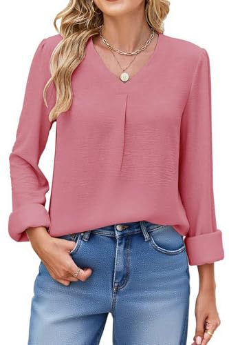 Teesho Damen Bluse Langarm aus Chiffon | Business Hemd mit V-Ausschnitt | Elegantes Oberteil für Büro & Abend | Leichte Tunika Bluse Damen(rosa/L)