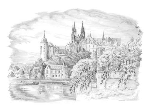 Die Staffelei Wandbild/Bleistiftzeichnung A4 von Meißen/hochwertiges 250g Papier/besondere Geschenkidee für den Meißen-Freund (Elbe mit Burg)
