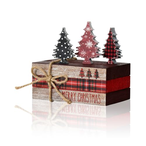 Smile Christmas Wooden Books Stack,Red and Black Check Faux Books