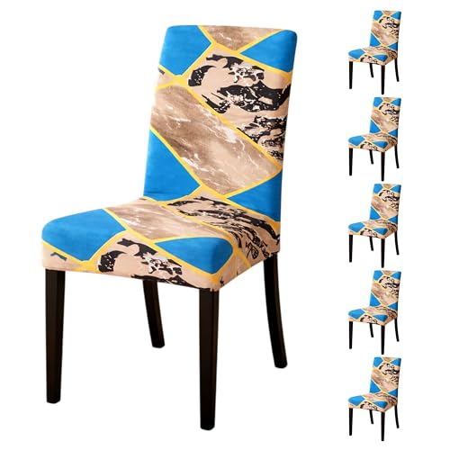 KAV Decor Dining Chair Covers Set of 6, Stretchable Removable Washable Anti-Slip Universal Fit Printed Slipcovers (Blue Marble)
