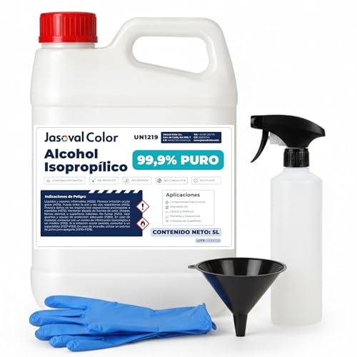 Alcohol Isopropílico 99,9% 5L de Alta Pureza - Kit con Spray, Embudo y Guantes para Limpiar Componentes Electrónicos, Impresión 3D, Pantallas y Superficies - Isopropyl Alcohol