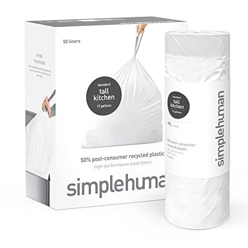 Image of simplehuman 50% Post-Consumer Recycled Tall Kitchen Drawstring Trash Bags, 13 Gal, 50 Count