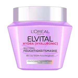 L'Oréal Paris Elvital Hydra Hyaluronic Feuchtigkeitsmaske, Neue Formel, Haarmaske mit Hyaluronsäure, spendet bis zu 100H Feuchtigkeit, polstert die Haarfasern auf, mehr Geschmeidigkeit, 1x300ml