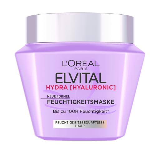 LOréal Paris Elvital Hydra Hyaluronic Feuchtigkeitsmaske Neue Formel Haarmaske mit Hyaluronsäure spendet bis zu 100H Feuchtigkeit polstert die Haarfasern auf mehr Geschmeidigkeit 1x300ml