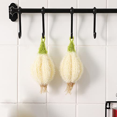 Image of Garlic and Vegetables Shaped Acrylic Dish Scrubbers, Hand Crochet Non-Scratch Dish Scrubber, Fast Dry, No-Odor Cleaning Sponge