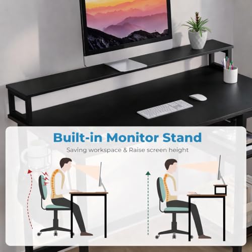Image of Study Table with Monitor Stand| Small Home Office Desk with Ergonomic Monitor Stand| Reversible Computer Desk| Modern Study Desk| Laptop Desk| Black| 150x60x75 CM