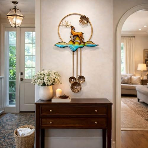 Image of SHREE 'O' GREEN TECH - Big Handcrafted Metal Golden Deer Wall Art with Leaf Frame Multicolor Decor for Home, Living Room, Drawing Room & Bedroom Decor (Size 22x42 Inch)