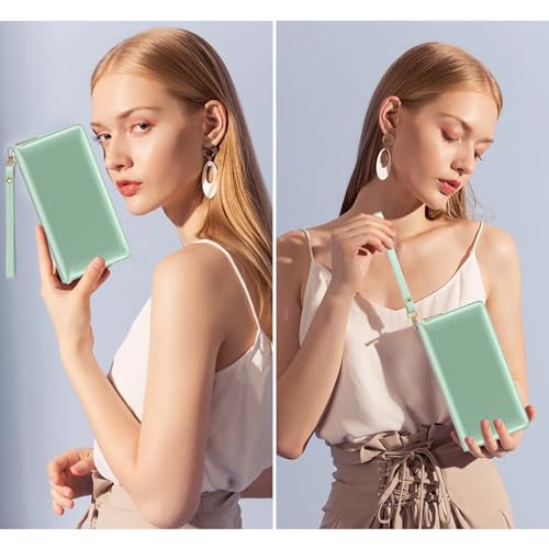 Image of Nipichsha RFID Wristlet Wallet for Women, Large Credit Card Clutch Purse with Zipper & Phone Holder, Leather Card Holder with Wrist Strap, Green