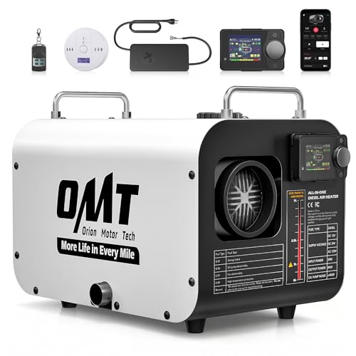 Orion Motor Tech Portable Diesel Heater, 8kW Camper Heater with CO Alarm Auto Shutoff, Diesel Parking Heater for Car Truck Boat RV with 1.7gal Tank Bluetooth Remote Control for 12/24V DC 110V Power