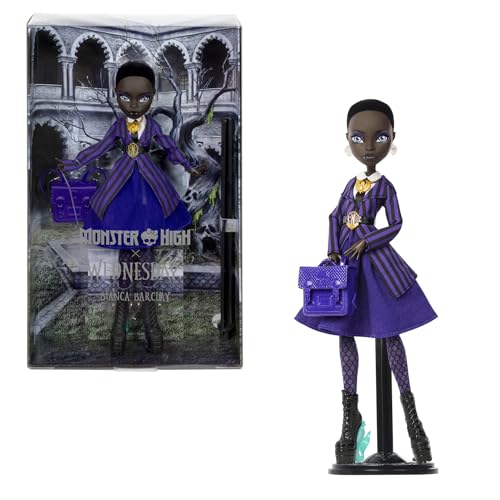Monster High x Bianca Barclay quarta-feira boneca colecionável e acessórios com uniforme da academia Nevermore, amuleto de sereia, mochila e suporte para o pulso, JDR71