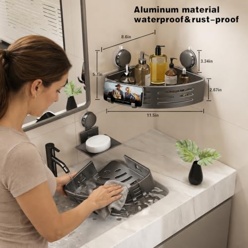 Image of VOLPONE Corner Shower Caddy Suction Cup Shower Shelf Corner No Drilling Bathroom Shower Organizer Storage Rack Adhesive with Towel Bar Hooks &soap holder (2-Pack,Gray)