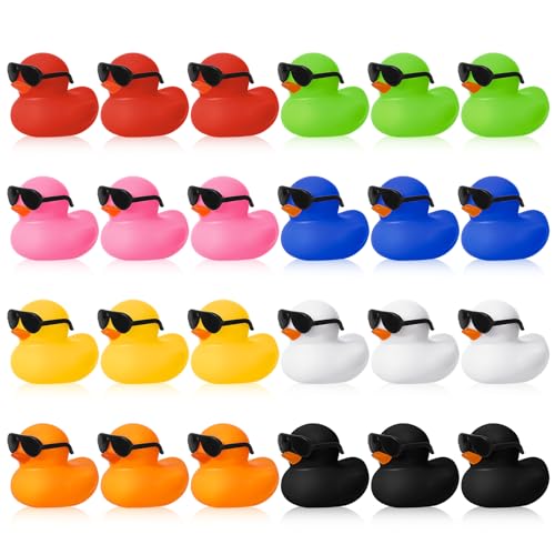 Hoemwarm 24 Set Mini Rubber Ducks with Sunglasses, Tiny Bath Rubber Ducks Bulk for Car Dashboard Decorations Cruise Birthday Party Favors (Multicolor)
