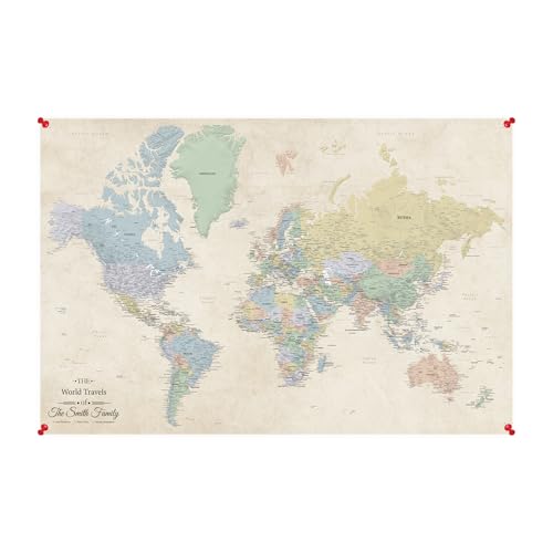 Image of Personalized Canvas Rolled Poster World Map Wall Art - Large 24 inch x 36 inch Sandy Dreams Map of the World - Push Pin Travel Decor for Home or Office