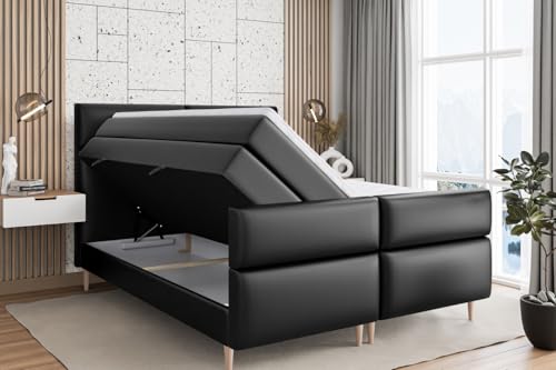 ALTDECOR Boxspringbett mit Holz Füßen, Matratze und Lattenrost, Topper, Fußteil, Polsterbett mit Bettkasten, Bett mit Stauraum H3- und H4- Matratze -BOXI3-FD-Z KING-200x200 - Schwarz Kunstleder – Bild 5