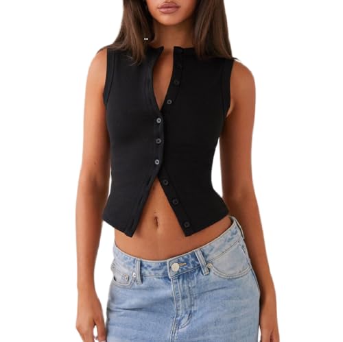 Women Y2k Button Down Tank Tops Knitted Solid Color Sleeveless Vest Top Slim Fit Crop Going Out Tops Streetwear
