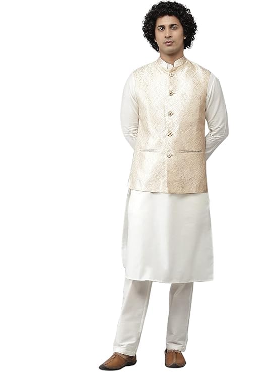 see designs Men Gold & White Solid Kurta Pyjamas With Nehru jacket-picture-51