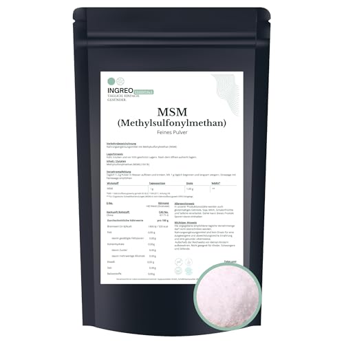 1 kg | MSM Pulver | Methylsulfonylmethan | organischer Schwefel | 100% rein ohne Zusätze | hochrein fein gemahlen | Supplement Rohstoff | Abfüllung Hamburg HACCP | INGREO