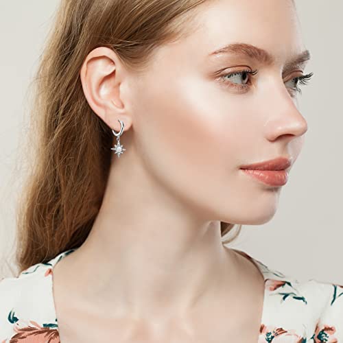 Sterling Silver Opal Huggie Earrings For Women, Hypoallergenic Starburst Dangle Drop Hoop Earrings, Birthstone Birthday Gift Fine Jewelry For Her #TOP3