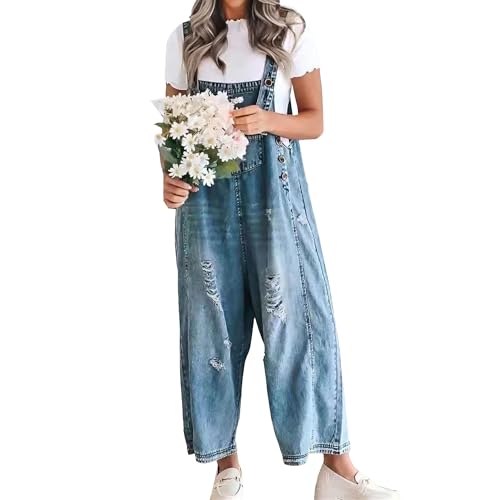Salopette en jean déchiré femme coupe ample décontractée