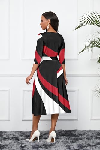 Image of CLOCOR Midi Dresses for Women Casual A-Line Fit and Flare Dress Crewneck 3 /4 Sleeve Keyhole Cocktail Party Church Dress