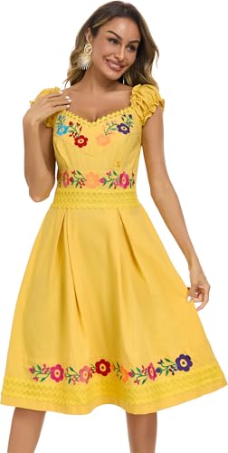 Embnoyes Women's Peasant Dress Boho Casual Dress Lace Fiesta Dresses (M, E358Y) Yellow