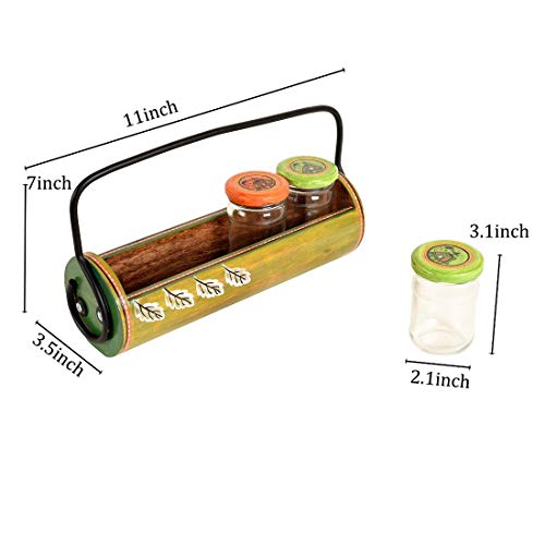 Image of AAKRITI ART CREATIONS Pickle Organiser with Stand | Handcrafted Madhubani Art Storage Jars| Kitchen Decoration Items Stylish Tray & Jars| Kitchen Jars with Wooden Tray