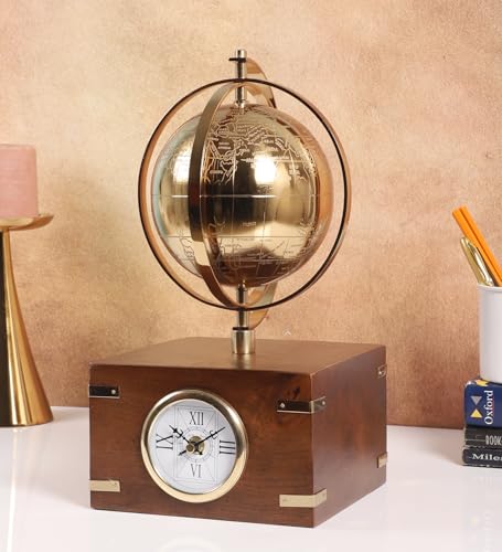 Image of Decor de Maison Metal Brings Handcrafted Table Clock for Kidsroom, Bedroom, Study Table, Office Desk|Classic Non-Ticking Tabletop Battery Operated Analog Desk Clock (Gold, Atlasphere Table Clock)