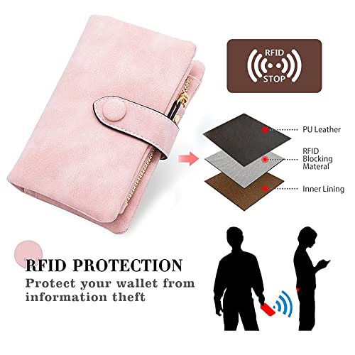 Conisy Small Wallet for Women Leather Bifold RFID Blocking Ladies Purse with Wristlet Zipper Coin Purse (Pink)