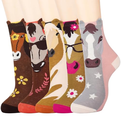 Jeasona 5 Pares Caballos Calcetines Mujer Divertidos 35-38 Regalos Originales para Mujer Navidad Regalos de Caballos Calcetines Divertidos Algodon Animales, Cumpleaños Reyes Esposa Amiga Hija Nieta