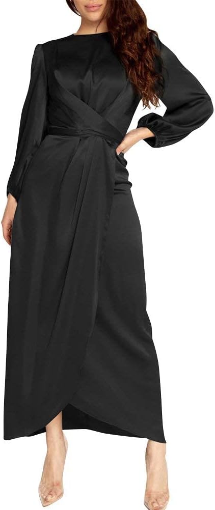Women's Elegant Empire Waist Long Sleeve Satin Maxi Dress