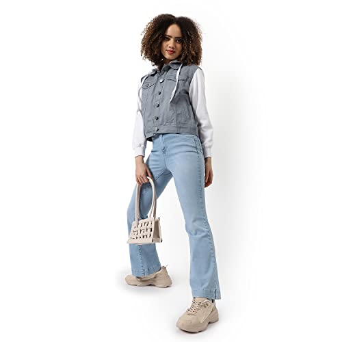Image of Campus Sutra Women Grey & White Regular Fit Denim Jacket For Winter Wear | Collared Neck | Full Sleeve | Buttoned | Casual Jacket For Woman & Girl | Western Stylish Jacket For Women