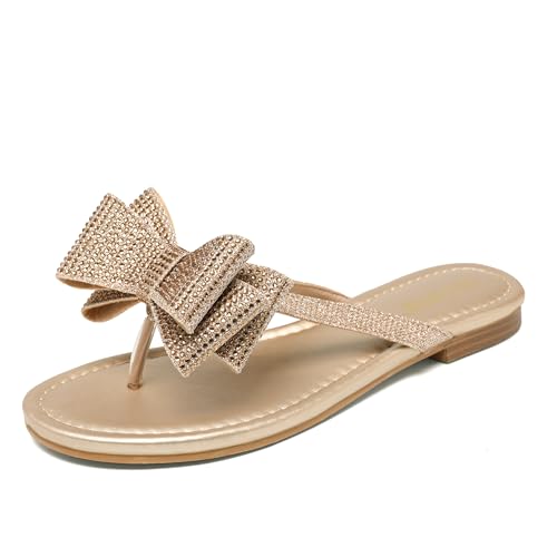 Womens Flat Bow Sparkly Flip Flop Sandals,Ladies Rhinestones Comfortable Thong Slide Dressy Casual Cute Trendy Vacation Beach Slip on Glitter Slippers Shoe