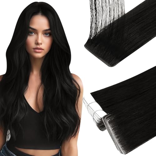 Image of Full Shine Injected Tape in Hair Extensions, 1B Natural Black Human Hair Extensions, 22 Inch 20pcs 50g Invisible Seamless Skin Weft Double Sided Tape ins, Party Easy Install